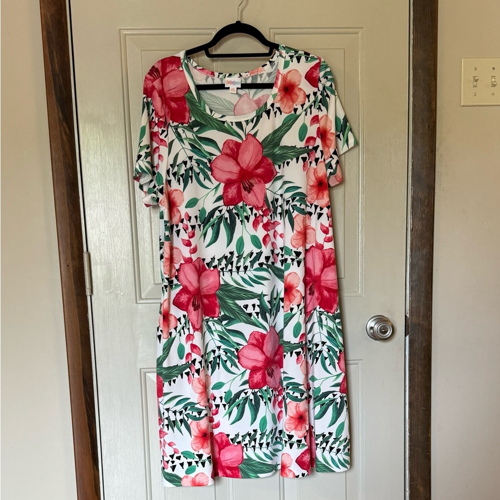 NWOT, LuLaRoe Jessie swing dress w/pockets, white/w pink tropical flowers, 3X